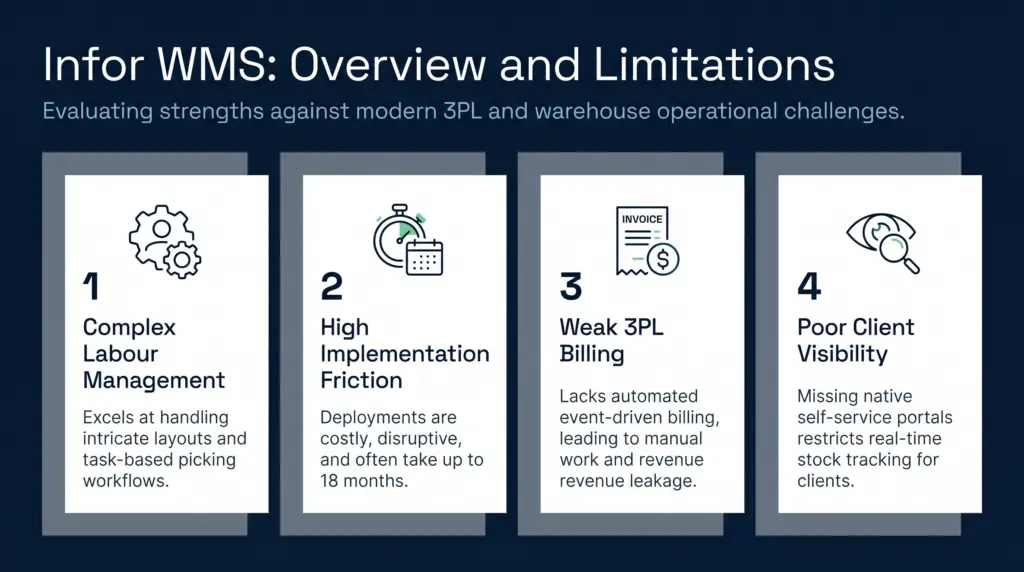 An educational infographic titled infor wms: overview and limitations that evaluates the software across four side-by-side panels. The graphic outlines the system's strength in complex labour management, alongside three main operational limitations: high implementation friction, weak 3pl billing, and poor client visibility.